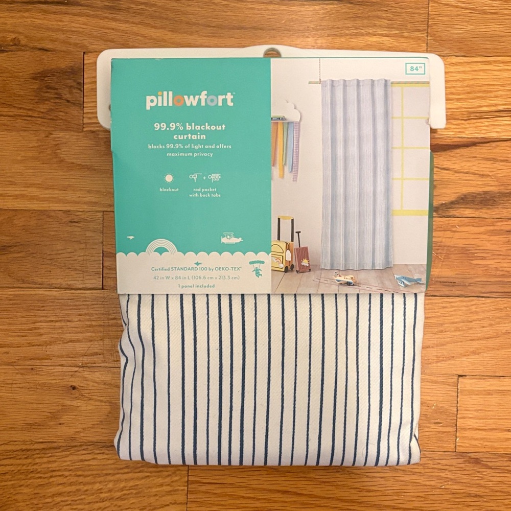 Pillowfort Blackout Curtain with Navy Stripes